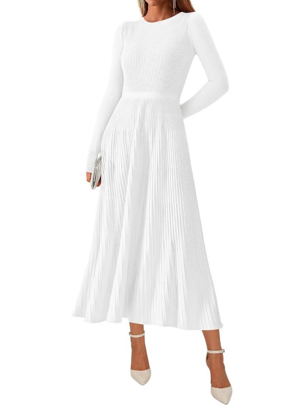 Ribbed Knit Maxi Dress for Women | Long Sleeve Pleated A-Line Swing, Fall